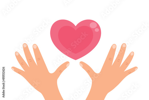 Cartoon hands holding pink heart. Symbolizing love, care and charity. Vector illustration