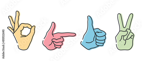 Hands with gestures OK, peace sign, thumb up and pointing index finger. Line icons set isolated on white background. Vector illustration