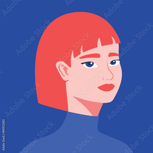 Young redhead woman with red lips portrait.  Half turn portrait of a young female with a red hair. Vector illustration © Mariia