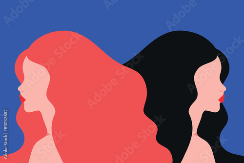 Two women portrait. Redhead and brunette female profiles. Vector illustration