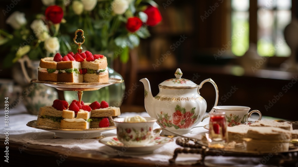 Elegant afternoon tea setting with floral teapot and tiered cake stand Elegant afternoon tea setting with floral teapot and tiered cake stand