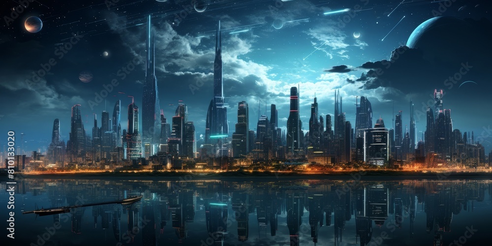futuristic city skyline at night with reflection