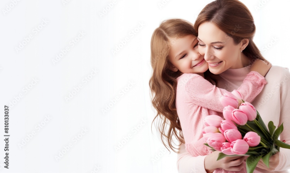 A woman is holding a bouquet of pink flowers and hugging a young girl. Concept of warmth, love, and affection between the two A woman is holding a bouquet of pink flowers and hugging a young girl. Concept of warmth, love, and affection between the two