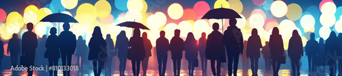 A stream of people walking under umbrellas in the street, against a backdrop of city lights. Blurred background. Silhouette. Ultra-wide. photo