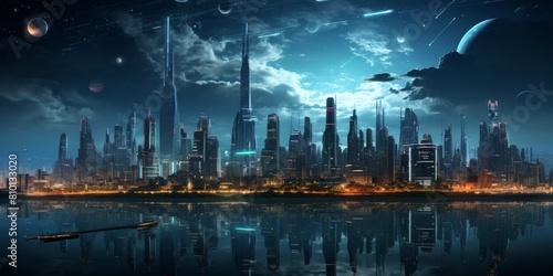 futuristic city skyline at night with reflection