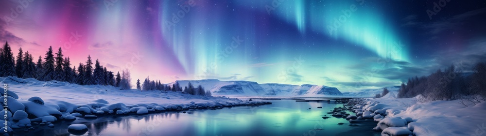 Breathtaking Aurora Borealis over snowy landscape