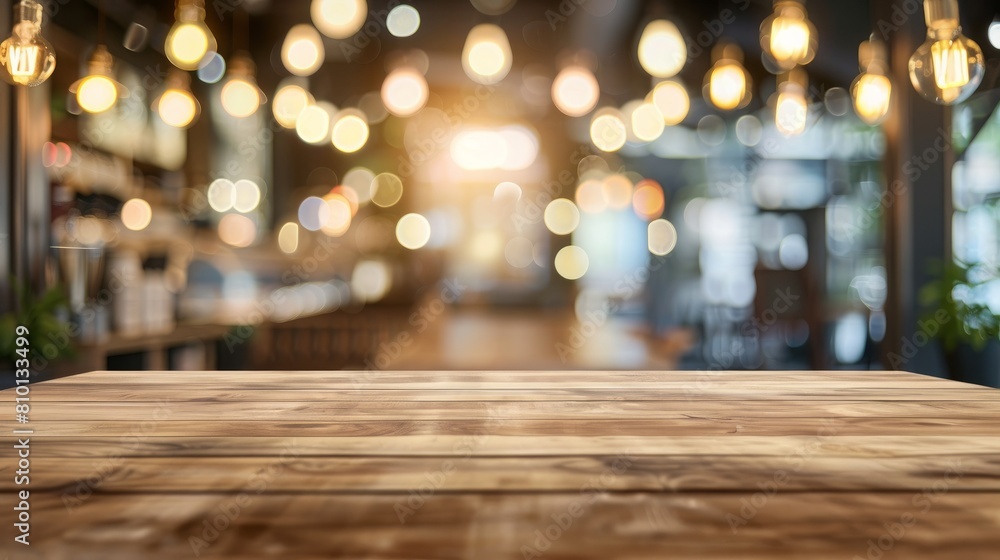 Wood table top on blurred of counter cafe shop with light bulb