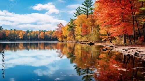 Vibrant autumn foliage reflected in a serene lake