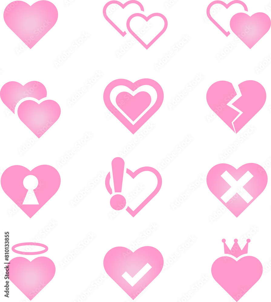 set of stickers, pink hearts, icons, love, png