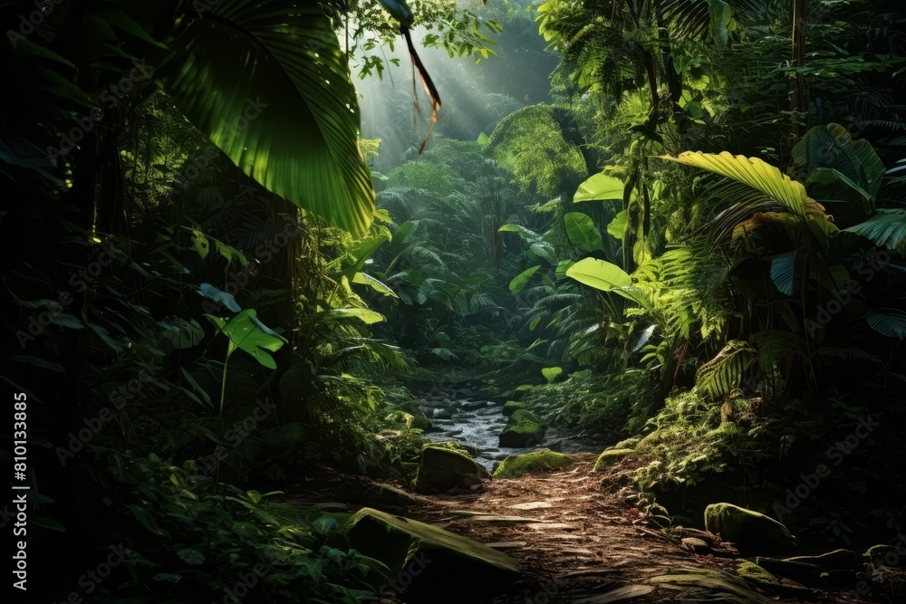 Lush tropical rainforest landscape with stream and sunlight Lush tropical rainforest landscape with stream and sunlight