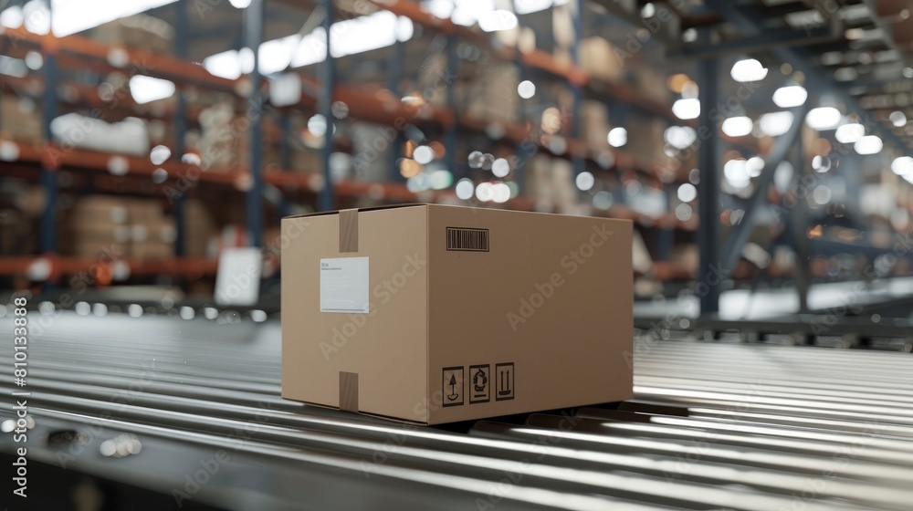 a box with a user name sticker sitting on top of an interactive conveyor belt in a warehouse