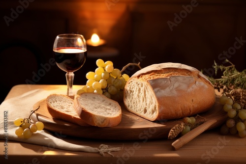 cozy evening with bread, wine, and grapes