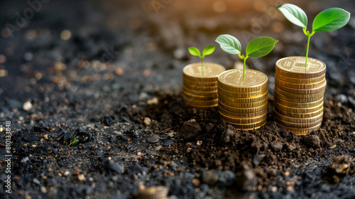 golden coins with a growing plant on black soil background, concept of business growth and saving money for the future photo