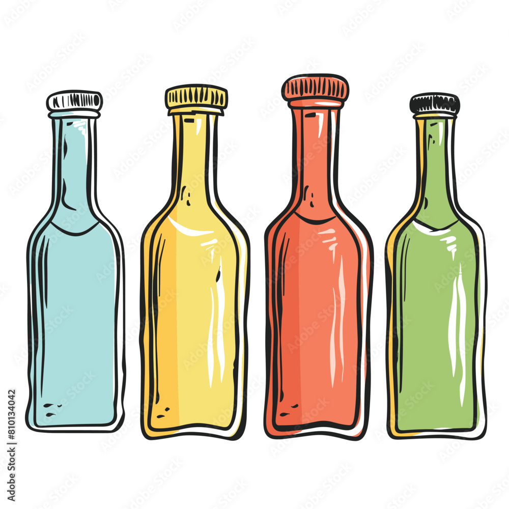 Four colorful bottles aligned vertically, handdrawn style sketch. Glass containers drinks various vibrant shades. Graphic design simple bottles, isolated white background Four colorful bottles aligned vertically, handdrawn style sketch. Glass containers drinks various vibrant shades. Graphic design simple bottles, isolated white background