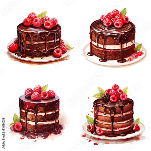 Decadent chocolate cakes layered with rich ganache, topped with fresh raspberries and drizzled with glossy chocolate syrup. A perfect dessert for bakeries, cafes, and food photography.