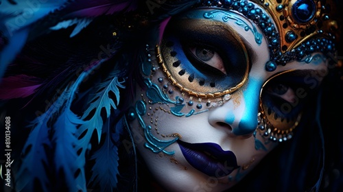 Mysterious masked woman with ornate makeup and feathers © Balaraw