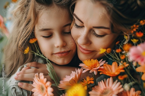 A woman and a child are hugging each other while surrounded by flowers. The woman has a warm and loving expression on her face, and the child looks happy and content. Concept of love, affection