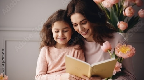 A mother and daughter are sitting together and reading a book. The mother is smiling and the daughter is smiling as well. The book is open to a page with a flower on it. The scene is warm and loving