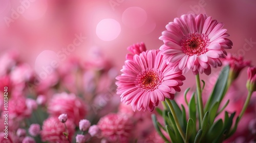 Pink flowers with a pink background. The flowers are in a vase and are surrounded by other flowers
