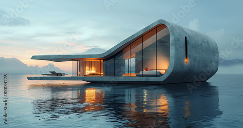 3D Rendering of Modern Angular Architecture Building Floating Above Water photo