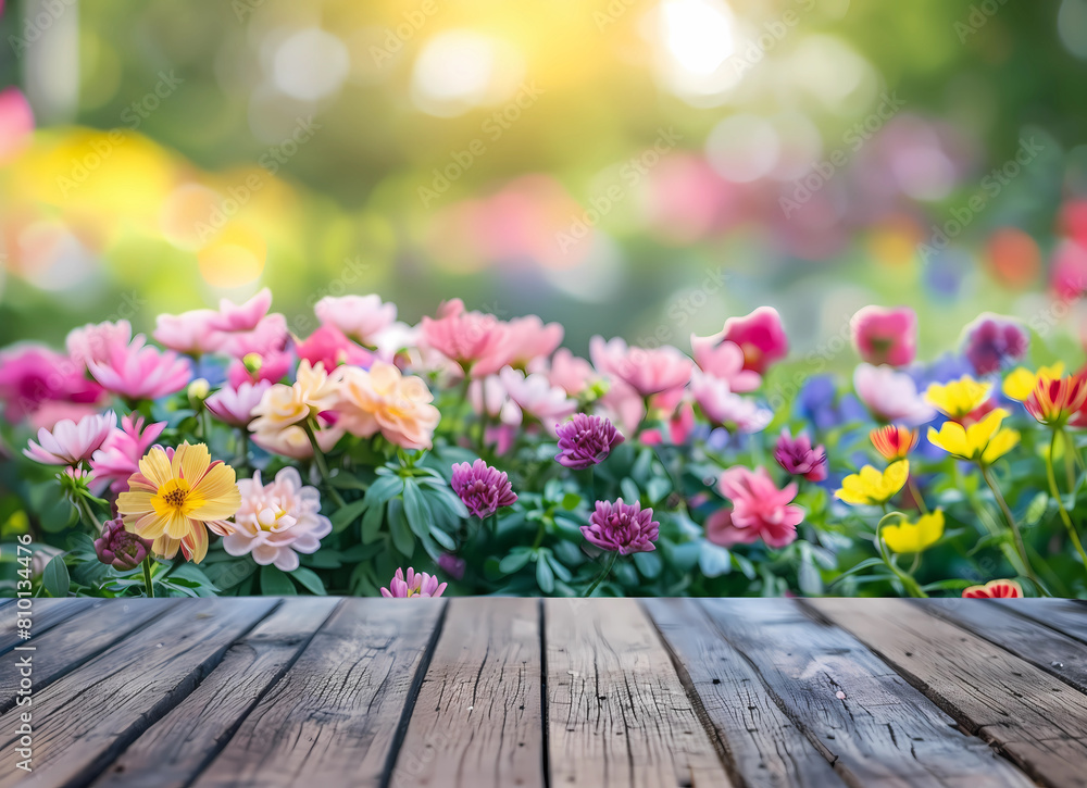wooden table with colorful flower as background. Empty perspective old wooden balcony terrace floor with colorful cosmos flowers blooming in the field background. Wood bridge and flower garden. wooden table with colorful flower as background. Empty perspective old wooden balcony terrace floor with colorful cosmos flowers blooming in the field background. Wood bridge and flower garden.