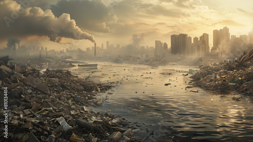 river with city in background, full of garbage and plastic waste, smoke coming from buildings, golden hour lighting, dystopian feel photo