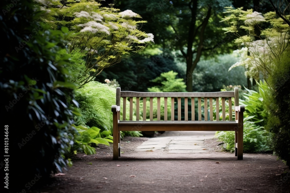 Peaceful garden bench in lush greenery