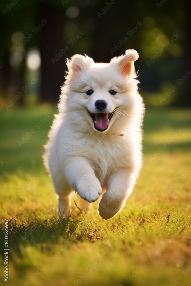 Playful Pomeranian Puppy Running in the Grass Playful Pomeranian Puppy Running in the Grass