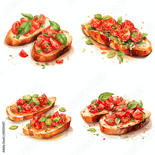 Delicious bruschetta with cherry tomatoes, fresh basil, and garlic on crispy toasted bread. A classic Italian appetizer, perfect for Mediterranean cuisine, healthy snacks, and gourmet dining.
