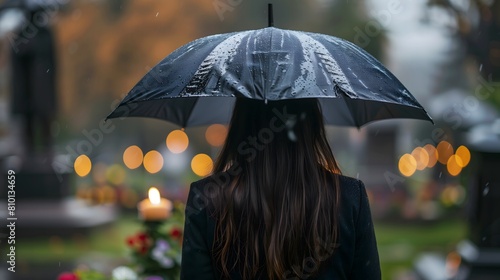 Woman With Umbrella Walking Through Cemetery on a Rainy Evening. Generative AI