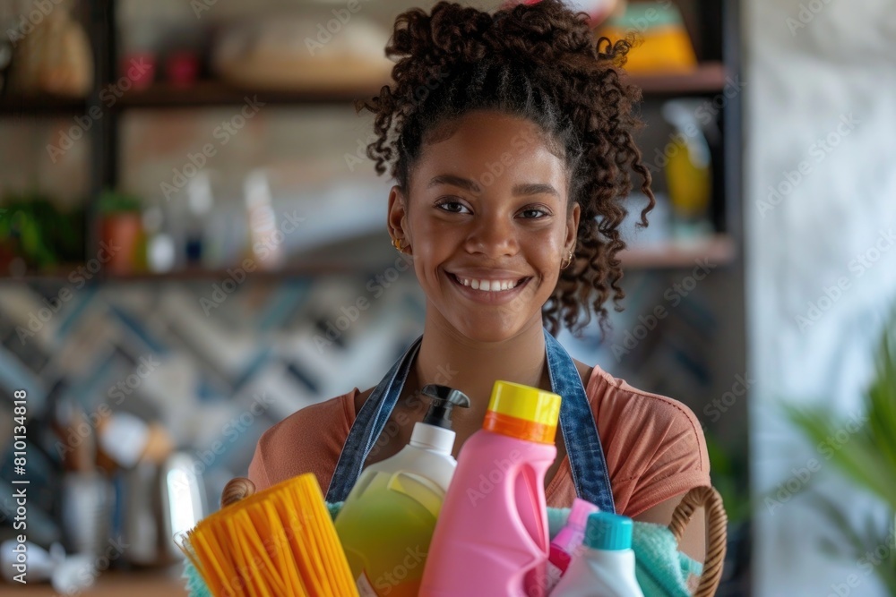 female smiling holding a basket full of cleaning supplies female smiling holding a basket full of cleaning supplies