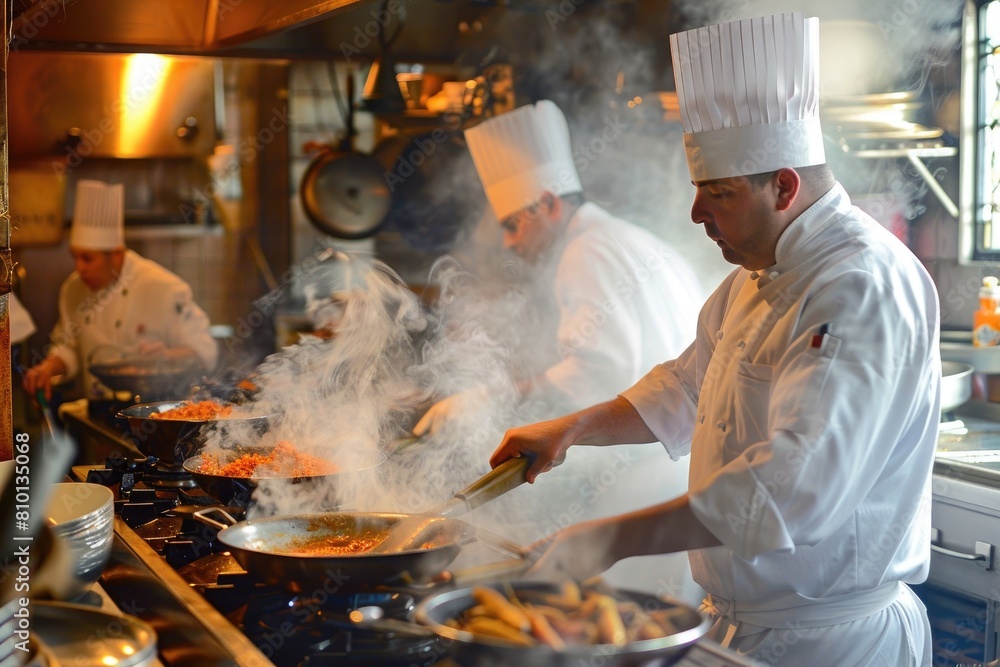 chefs cooking in the kitchen on frying pans chefs cooking in the kitchen on frying pans
