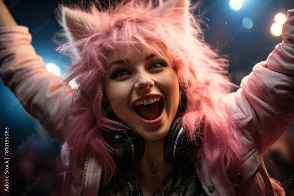 Joyful young woman with vibrant pink hair and headphones Joyful young woman with vibrant pink hair and headphones