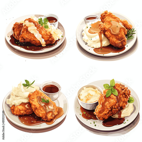Watercolor illustration of crispy fried chicken with mashed potatoes and gravy. A perfect design for comfort food, restaurant menus, Southern cuisine, home-cooked meals, and gourmet food projects.