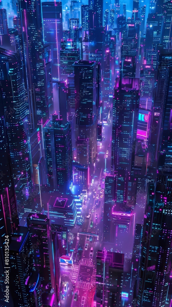 A virtual cityscape rendered in shades of neon and chrome