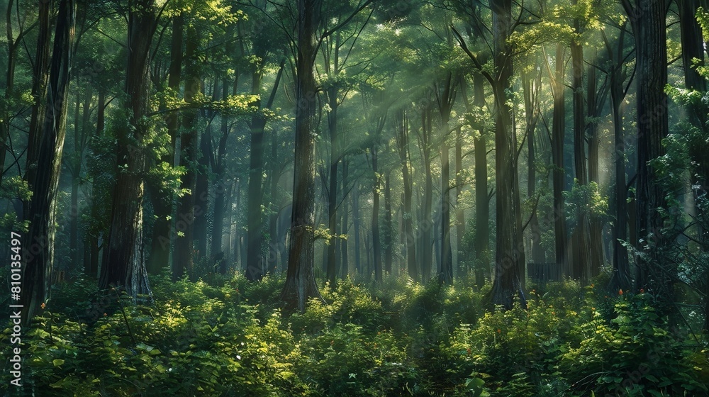 Obraz premium Forest Background: A dense forest provides a rich, textured background with towering trees, lush underbrush, and dappled sunlight filtering through the canopy 
