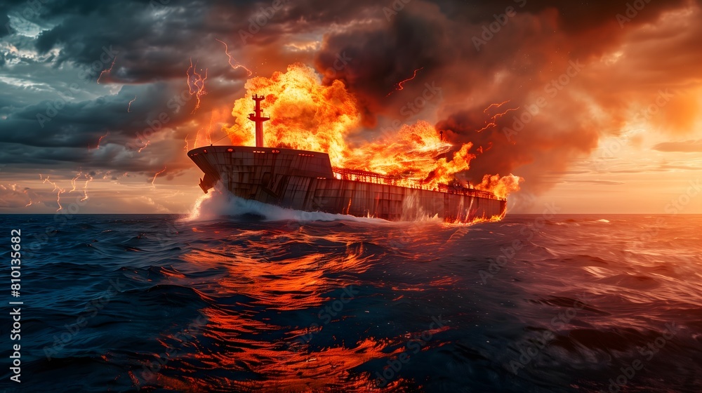 A huge cargo ship is engulfed in towering flames amidst rough sea waves at sunset. Generative AI A huge cargo ship is engulfed in towering flames amidst rough sea waves at sunset. Generative AI