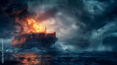 Massive Cargo Ship on Fire in Rough Sea Waves During Dramatic Sunset. Generative AI