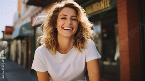 Smiling Woman Sitting on Bench Outside Building