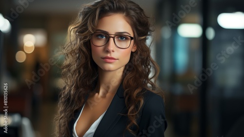 Confident woman with curly hair and glasses