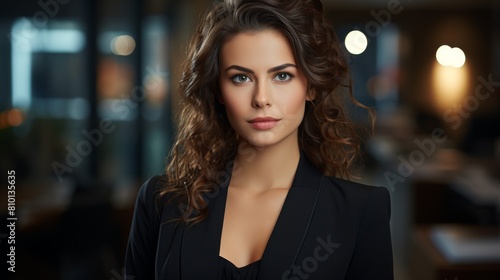 Confident woman with curly hair in black outfit