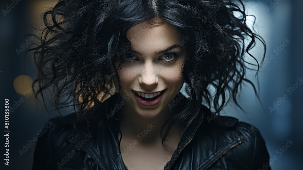 Smiling woman with windblown dark hair Smiling woman with windblown dark hair