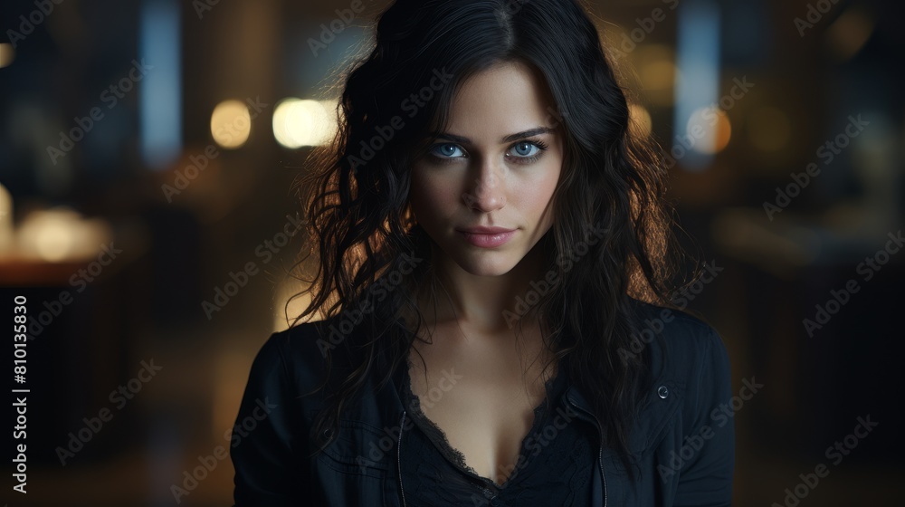 Mysterious woman with dark hair and intense gaze