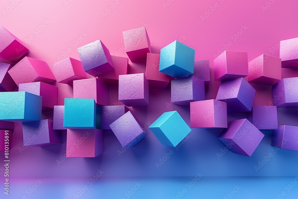 This image features a collection of 3D rendered cubes in various pink and blue tones set against a smooth gradient background, creating a playful and modern effect This image features a collection of 3D rendered cubes in various pink and blue tones set against a smooth gradient background, creating a playful and modern effect