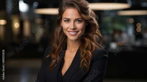 Confident woman in black suit smiling