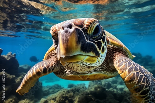 Curious sea turtle swimming underwater