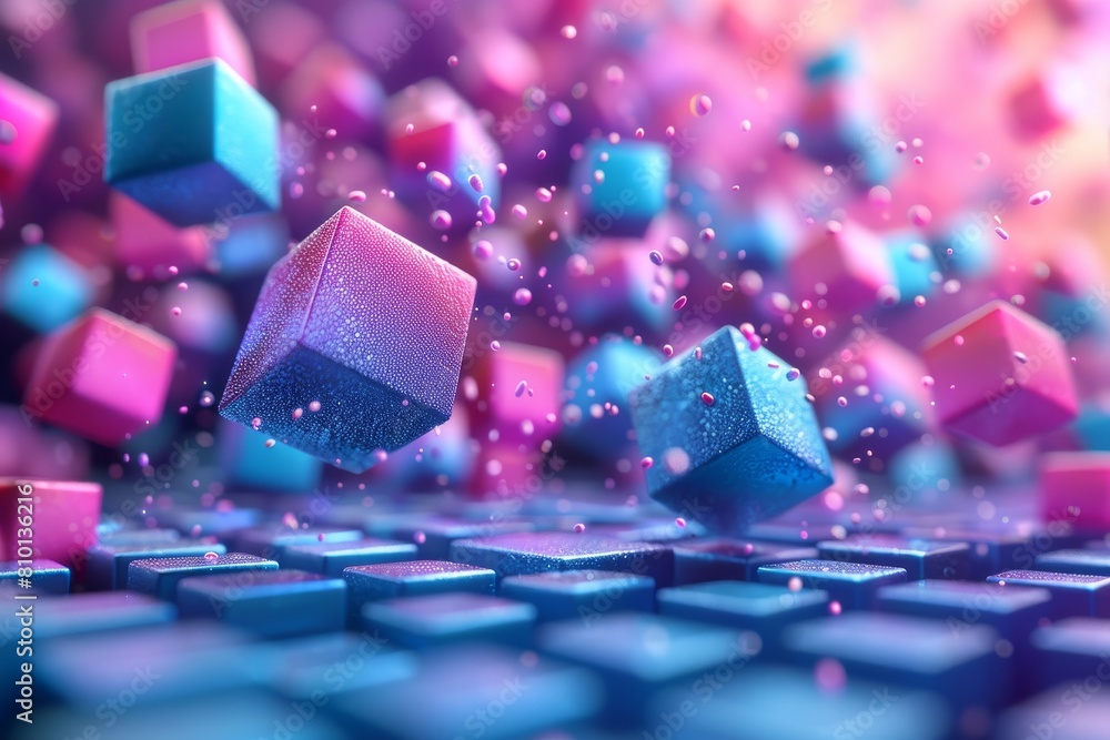 A mesmerizing array of floating cubes in various sizes creating a harmonious and dreamy landscape A mesmerizing array of floating cubes in various sizes creating a harmonious and dreamy landscape
