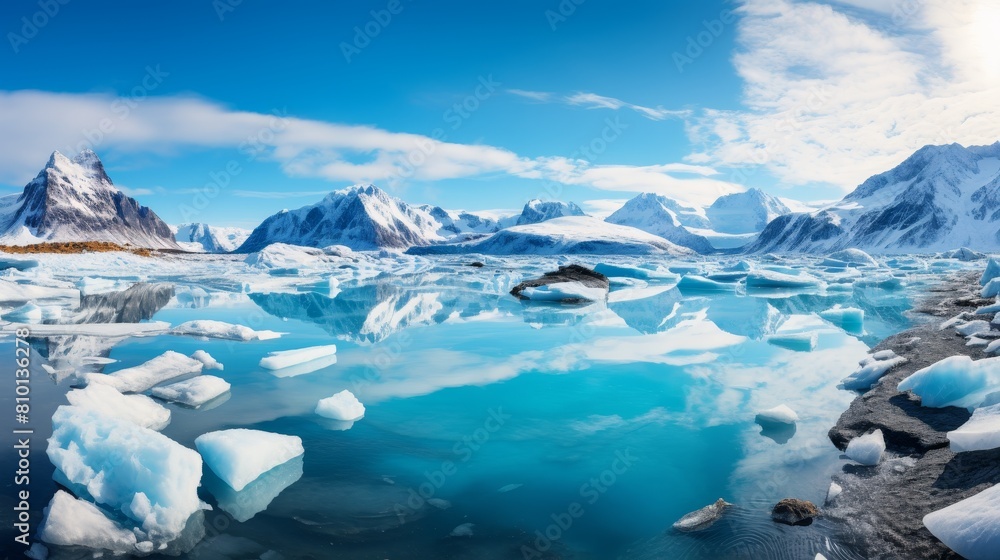 Serene arctic landscape with icy mountains and reflective waters Serene arctic landscape with icy mountains and reflective waters