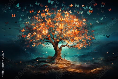 Enchanted autumn tree with glowing butterflies © Balaraw