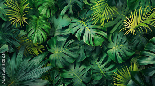 A lush green jungle with many leaves and a few palm trees